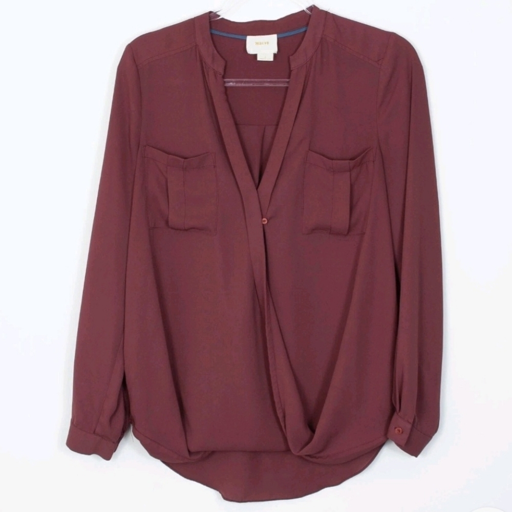 Anthropologie Maeve Eva Faux Wrap Drape Front Blouse Burgundy Mauve Size 8